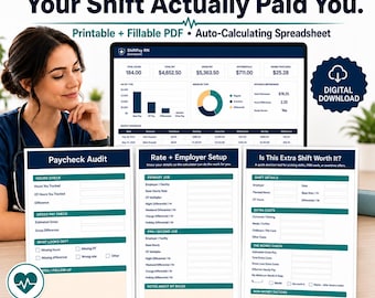 Nurse Paycheck Tracker & Shift Planner, Fillable PDF + Excel Spreadsheet, Pay Tracker, Digital Download