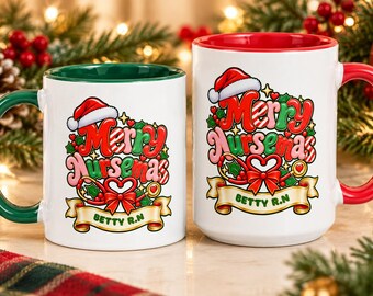 Personalized Nurse Christmas Mug, Merry Nursemas, Red Handle Ceramic Coffee Cup, 11 oz
