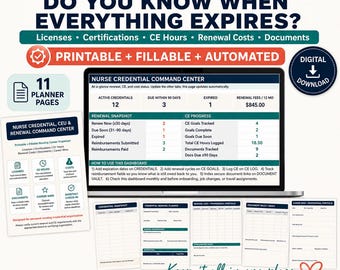 Nurse CEU Tracker, RN License Renewal & Credential Organizer, Fillable Printable Excel Spreadsheet