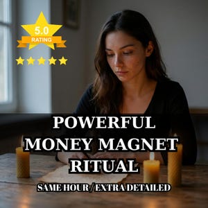 Puede incluir: Imagen de una mujer en una mesa con velas y un pergamino. El texto superpuesto dice "POWERFUL MONEY MAGNET RITUAL" con un gráfico de calificación de 5 estrellas. La escena sugiere un servicio espiritual o ritual.