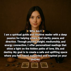 May include: A woman with long brown hair is centered in front of a dark background. Text above her reads "Who Am I." The text below describes her as a spiritual guide offering personalized readings for clarity, peace, and direction. Three tarot cards are on the table.