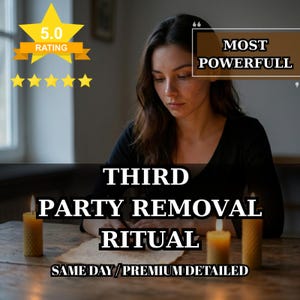 May include: An image featuring a woman with long brown hair, seated at a wooden table. The text reads "THIRD PARTY REMOVAL RITUAL" and "MOST POWERFULL". Two lit candles flank a piece of parchment. A gold star rating is displayed.