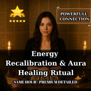 May include: A woman with brown hair is the central figure in this image. Text overlays state "Energy Recalibration & Aura Healing Ritual." Lit candles and tarot cards are visible. The image also includes the text "POWERFULL CONNECTION" and "5.0 RATING."