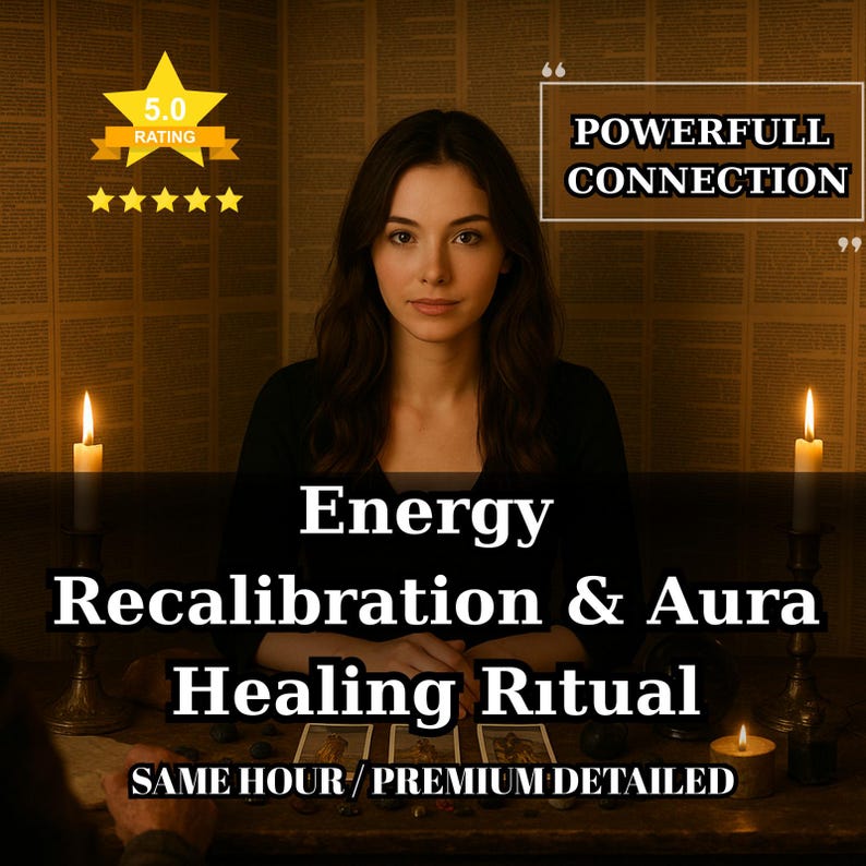 Pode incluir: Imagem de uma mulher de cabelo castanho no centro. Sobreposi&ccedil;&otilde;es de texto que dizem "Energy Recalibration & Aura Healing Ritual". H&aacute; velas acesas, cartas de tar&ocirc; e os textos "POWERFULL CONNECTION" e "5.0 RATING".