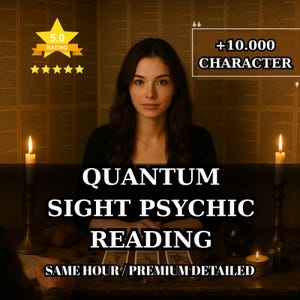 May include: A woman sits at a table with tarot cards, candles, and a crystal ball. The text reads "QUANTUM SIGHT PSYCHIC READING" with additional text indicating a high rating and "+10.000 CHARACTER".