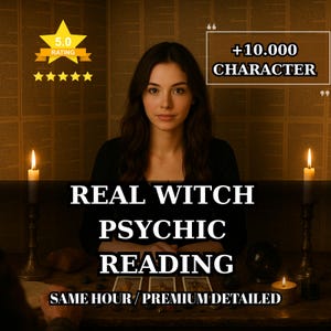 May include: A woman in a black top is centered in front of a table with tarot cards and lit candles. The text reads "REAL WITCH PSYCHIC READING" and "SAME HOUR / PREMIUM DETAILED". A banner displays "5.0 RATING" and "+10.000 CHARACTER".