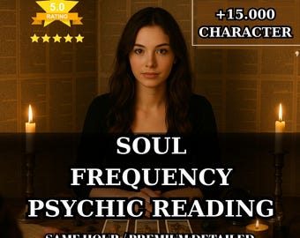 May include: A woman with long brown hair is centered in a dimly lit room. The text reads "SOUL FREQUENCY PSYCHIC READING" with additional text below. A 5-star rating graphic is in the upper left corner. Lit candles flank the woman.