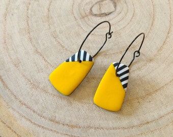 Zebra and Yellow with Black Hoop Drop Earrings | Handmade Polymer Clay Lightweight Jewellery