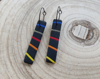 Black with Sunset Rainbow and Gold Stripes Long Drop Earrings | Handmade Polymer Clay Lightweight Jewellery