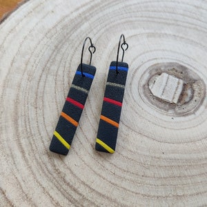 Black with Sunset Rainbow and Gold Stripes Long Drop Earrings Handmade Polymer Clay Lightweight Jewellery image 1