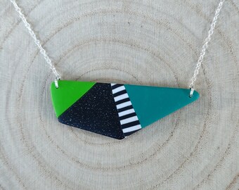 Bright polymer clay geometric statement necklace on silver chain, green and emerald