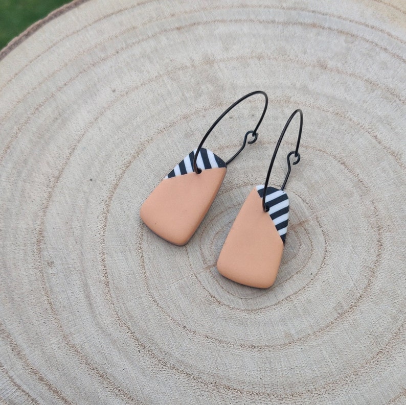 Peach and Zebra Stripe with Black Hoop Drop Earrings Handmade Polymer Clay Lightweight Jewellery image 1