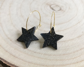 Black Glitter Stars Drop Earrings | Handmade Polymer Clay Lightweight Jewellery