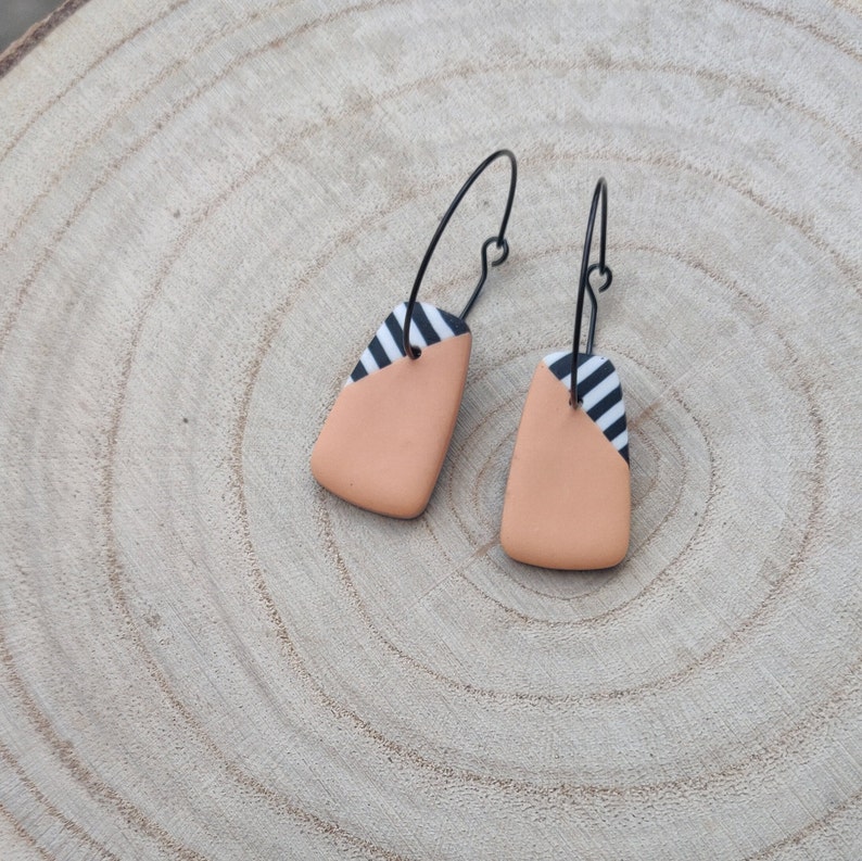 Peach and Zebra Stripe with Black Hoop Drop Earrings Handmade Polymer Clay Lightweight Jewellery image 4