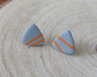 Grey and orange triangle polymer clay stud earrings