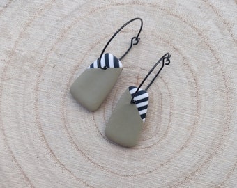 Zebra Stripe and Black Hoop Drop Earrings | Handmade Polymer Clay Lightweight Jewellery