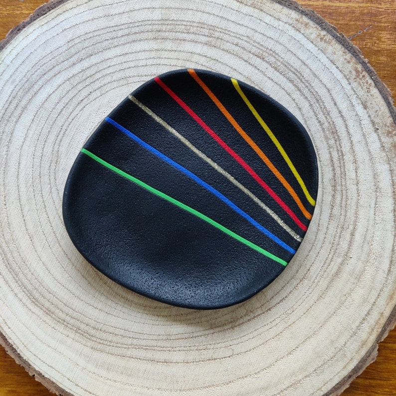 Lightweight polymer clay trinket jewellery dish, black with rainbow stripes image 1