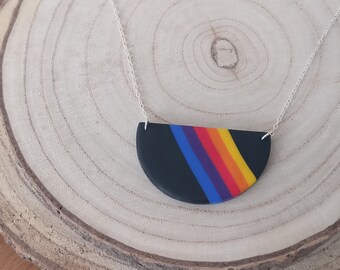 Bright polymer clay statement necklace on silver chain, Black with retro rainbow
