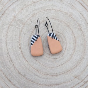 Peach and Zebra Stripe with Black Hoop Drop Earrings Handmade Polymer Clay Lightweight Jewellery image 2