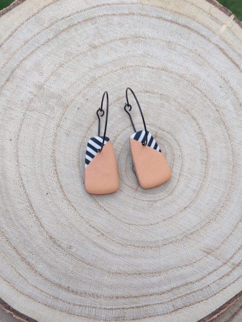 Peach and Zebra Stripe with Black Hoop Drop Earrings Handmade Polymer Clay Lightweight Jewellery image 2