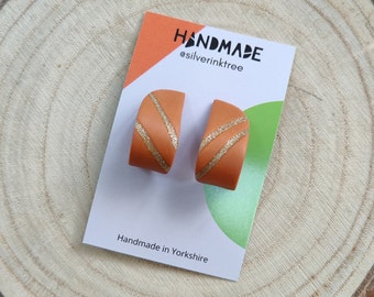 Bright orange and gold huggy stud hoop earrings | Handmade Lightweight Jewellery | Handmade Lightweight Jewellery