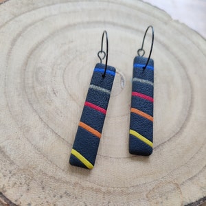 Black with Sunset Rainbow and Gold Stripes Long Drop Earrings Handmade Polymer Clay Lightweight Jewellery image 2