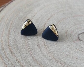Black and gold polymer clay stud earrings, triangle shape