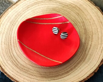 Lightweight polymer clay trinket jewellery dish, red with gold stripes