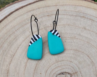Zebra corner earrings, aqua blue on black hoop