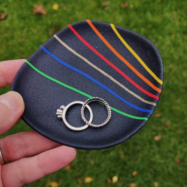 Lightweight polymer clay trinket jewellery dish, black with rainbow stripes image 3