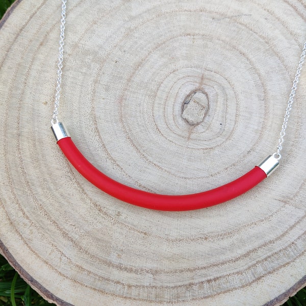 Smile red curved Statement Necklace on Silver Chain | Bright polymer clay - Handmade Lightweight Jewellery