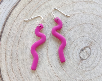 Pink Squiggle drop earrings on silver ear wire, bright lightweight polymer clay