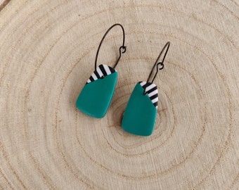 Emerald Green and Zebra Stripe with Black Hoop Drop Earrings | Handmade Polymer Clay Lightweight Jewellery