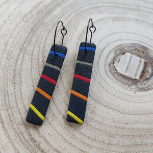 Black with Sunset Rainbow and Gold Stripes Long Drop Earrings Handmade Polymer Clay Lightweight Jewellery image 3