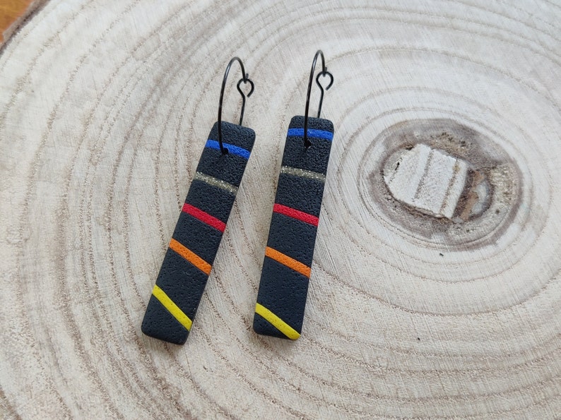 Black with Sunset Rainbow and Gold Stripes Long Drop Earrings Handmade Polymer Clay Lightweight Jewellery image 3