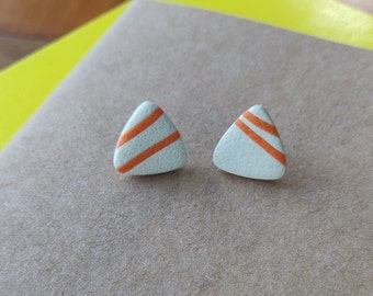 Cream and orange triangle stud earrings | Polymer clay - Handmade Lightweight Jewellery