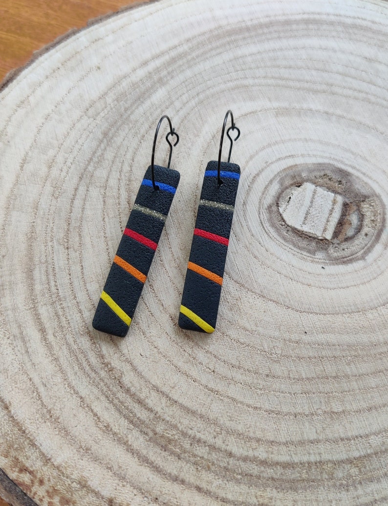 Black with Sunset Rainbow and Gold Stripes Long Drop Earrings Handmade Polymer Clay Lightweight Jewellery image 1