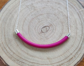 Smile curved Statement Necklace, hot pink on Silver Chain | Bright polymer clay - Handmade Lightweight Jewellery