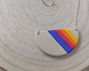 Bright polymer clay statement necklace on silver chain, cream with retro rainbow | Handmade Lightweight Jewellery