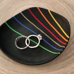 Lightweight polymer clay trinket jewellery dish, black with rainbow stripes image 2