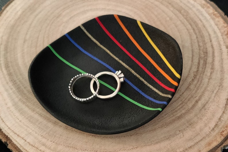 Lightweight polymer clay trinket jewellery dish, black with rainbow stripes image 2