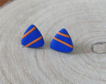 Blue and orange triangle polymer clay stud earrings
