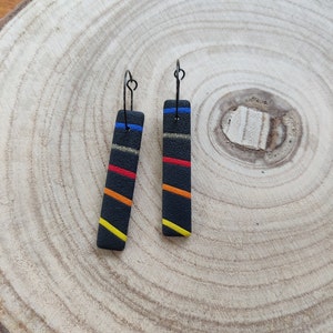 Black with Sunset Rainbow and Gold Stripes Long Drop Earrings Handmade Polymer Clay Lightweight Jewellery image 4