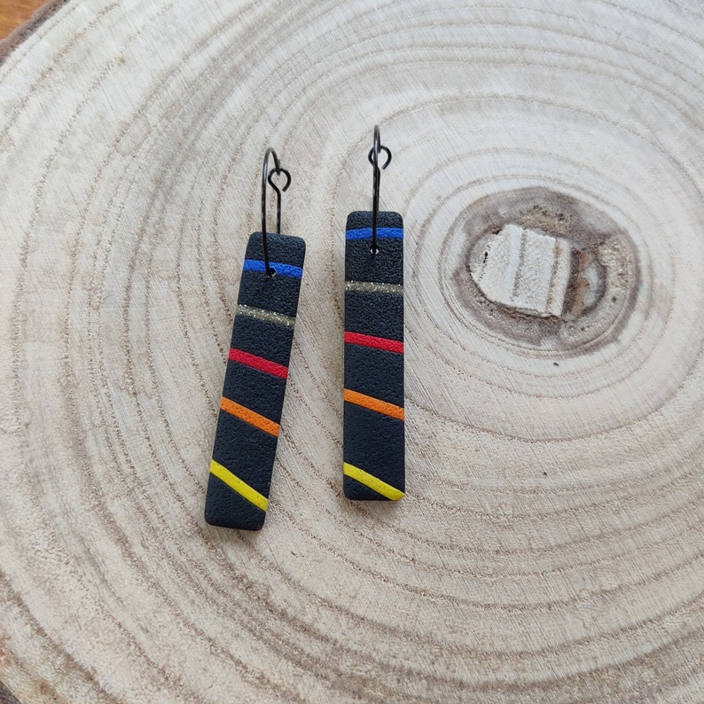 Black with Sunset Rainbow and Gold Stripes Long Drop Earrings Handmade Polymer Clay Lightweight Jewellery image 4