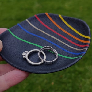 Lightweight polymer clay trinket jewellery dish, black with rainbow stripes image 4