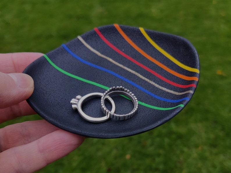 Lightweight polymer clay trinket jewellery dish, black with rainbow stripes image 4