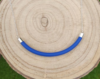 Smile bright blue curved Statement Necklace on Silver Chain | Bright polymer clay - Handmade Lightweight Jewellery