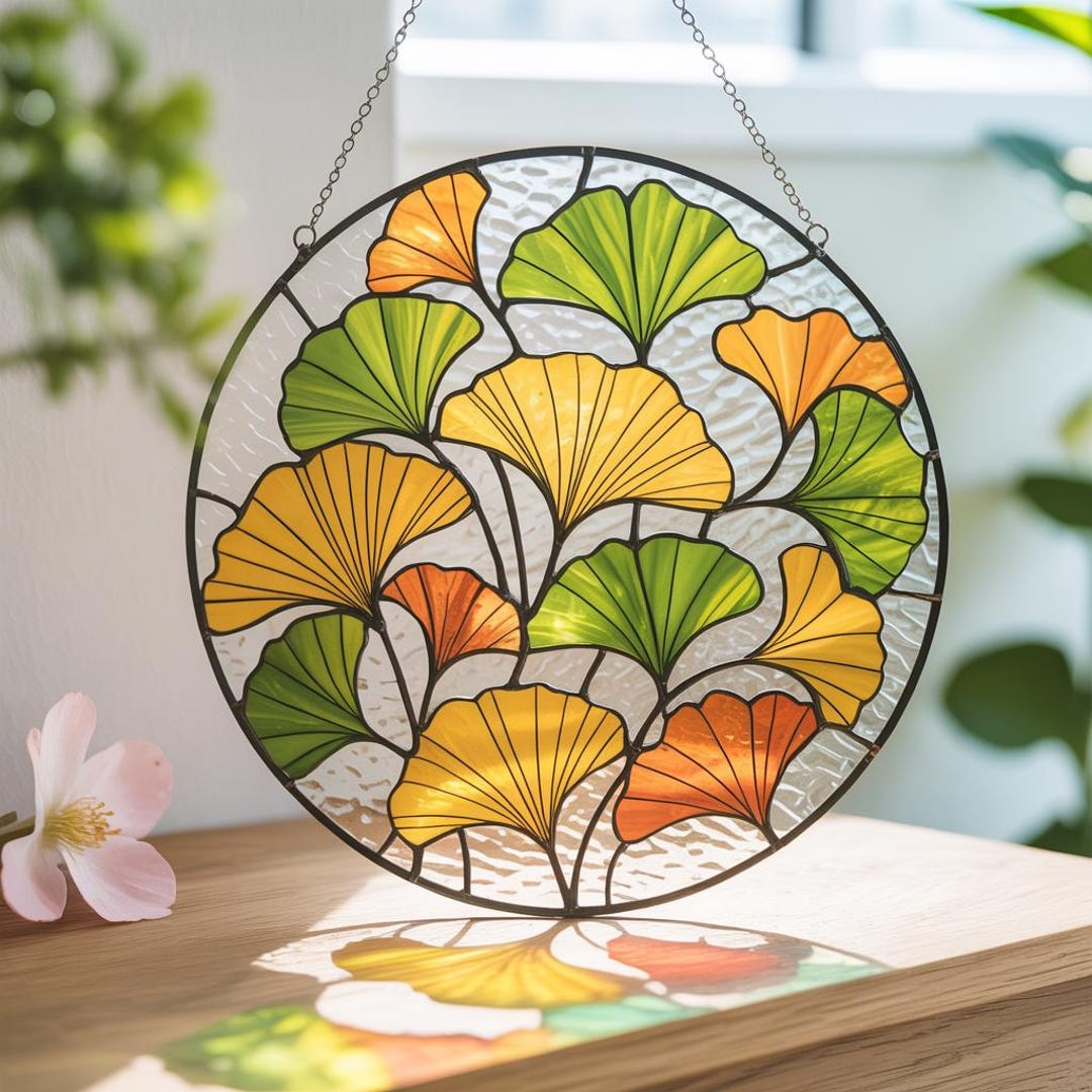 Gingko Window Ginkgo Leaf Stained Glass Suncatcher, Yellow Ginkgo Window Hanging Art ...