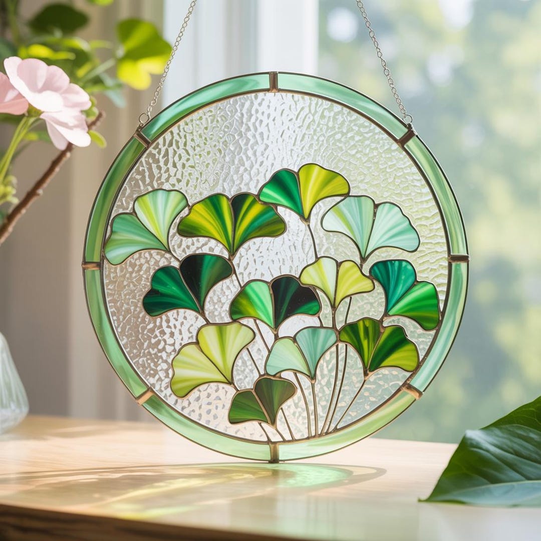 Gingko Window Round Ginkgo Leaf Stained Glass Suncatcher/ginkgo Window Hanging/gift ...