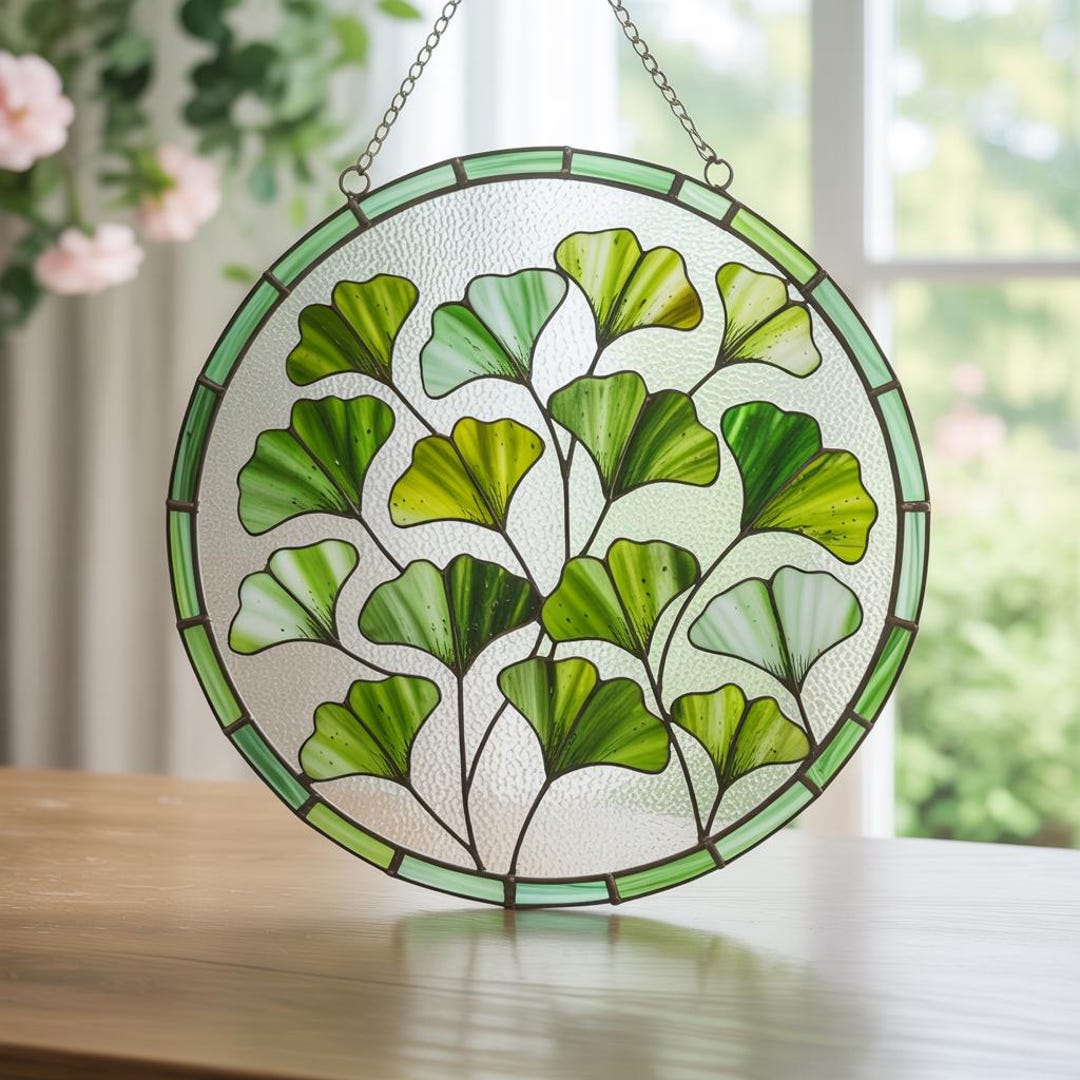 Gingko Window Round Ginkgo Leaf Stained Glass Suncatcher/ginkgo Window Hanging/gift ...